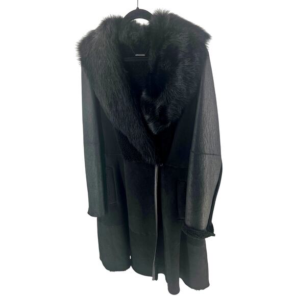Elie Tahari Black Genuine Shearling Fur Collar Long Coat L - Picture 1 of 15